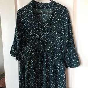 Green V-neck ruffle polka dot loose swing dress